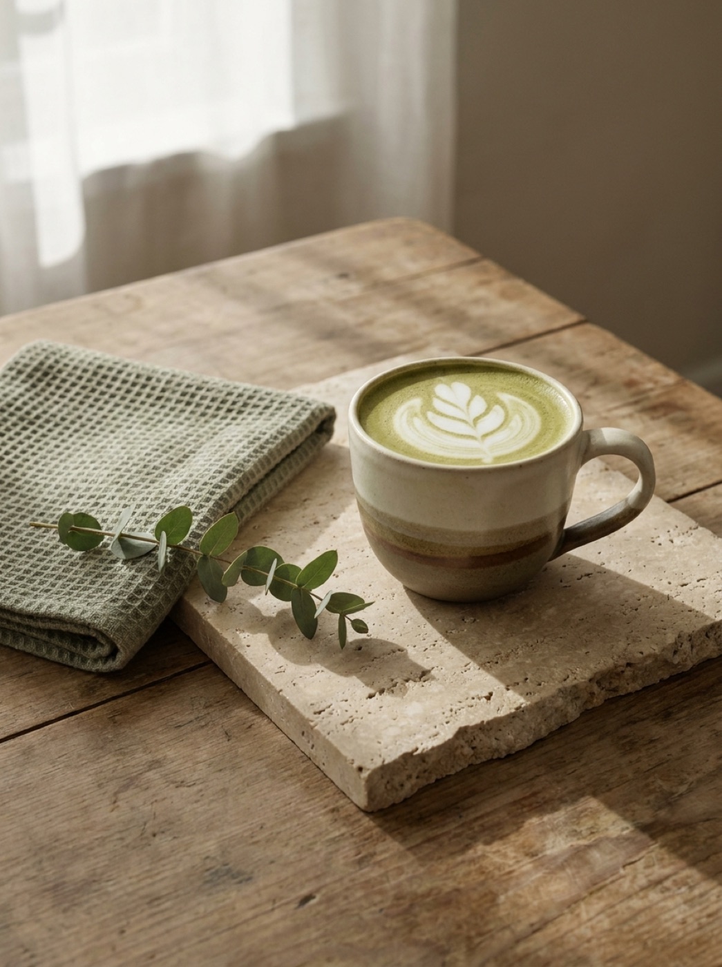 Matcha latte on travertine